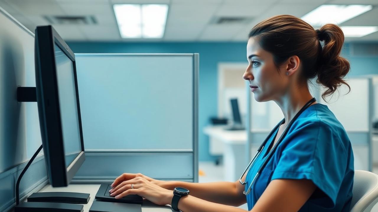 Enfermeira analisando resultado de simulado gratuito com expressão pensativa