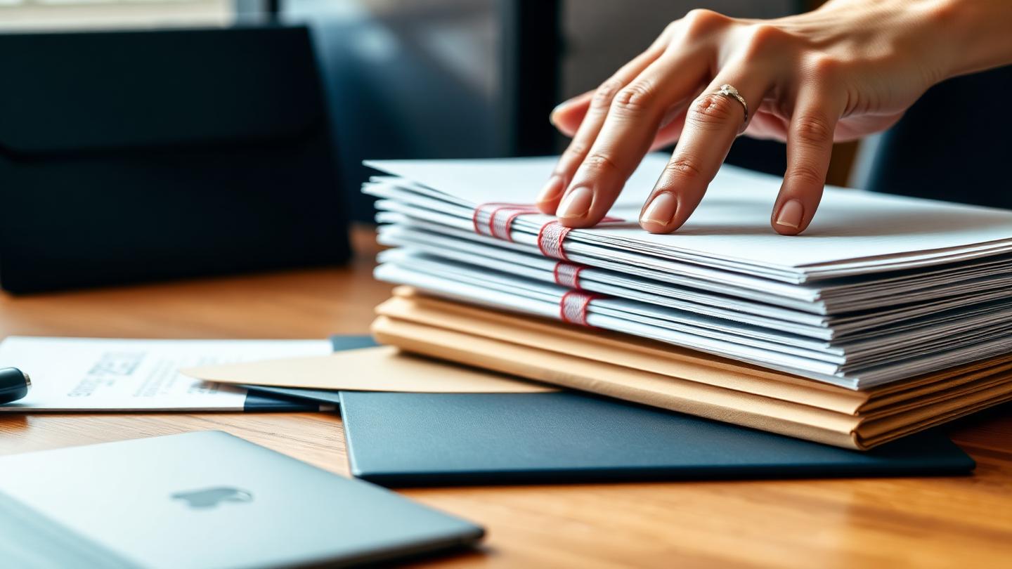Enfermeira organizando pasta de documentos acadêmicos e profissionais
